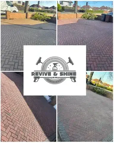Collage of professionally cleaned block paved driveways, showing restored colour, pressure washing services Lincoln displaying removed weeds, and dirt-free surfaces.